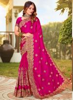 Pure Sattin Rani Pink Wedding Wear Embroidery Work Saree